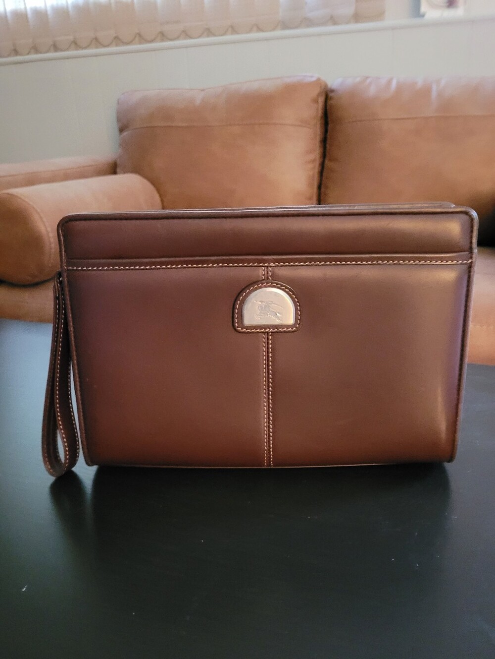 Burberry Classic Brown Leather Wristlet Clutch - Embossed Logo